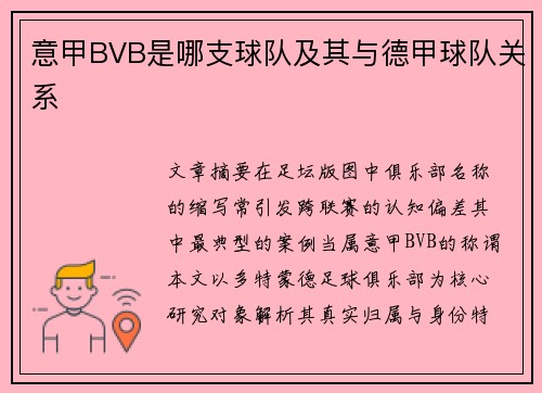 意甲BVB是哪支球队及其与德甲球队关系
