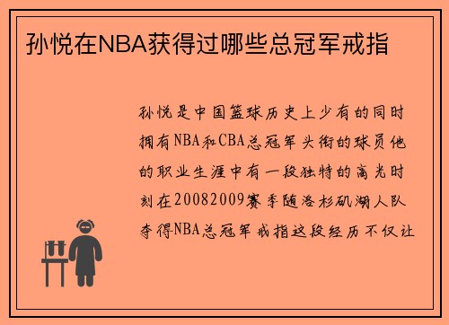 孙悦在NBA获得过哪些总冠军戒指