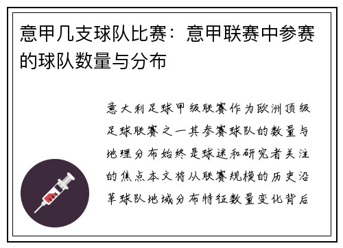 意甲几支球队比赛：意甲联赛中参赛的球队数量与分布